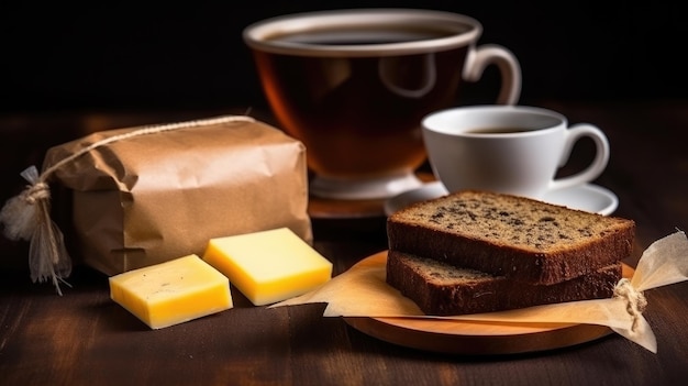 Sandwich di pane integrale con formaggio e burro una tazza di tè nero