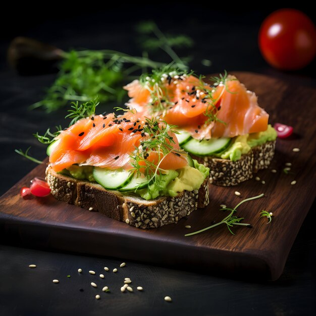 Sandwich di salmone con avocado su uno sfondo scuro