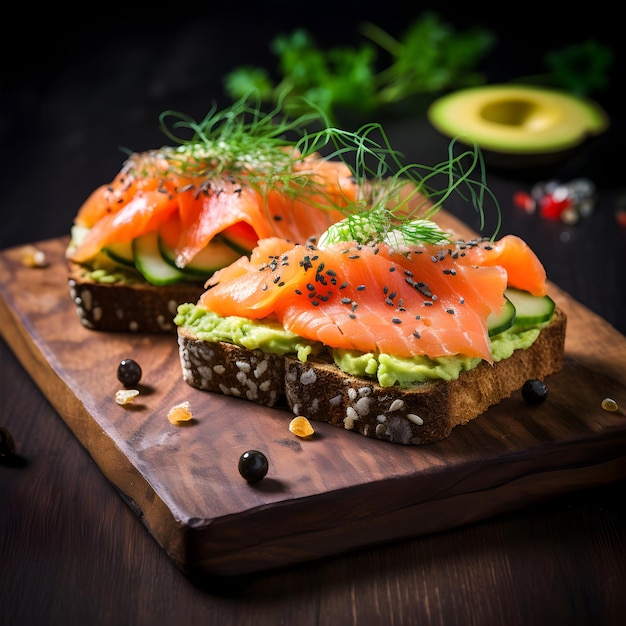 Sandwich di salmone con avocado su uno sfondo scuro