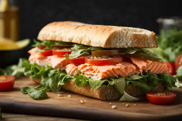 Sandwich di salmone fresco e sano con lattuga e cetriolo su una tavola da taglio d'epoca su pietra nera