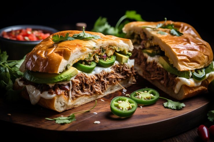 Foto sandwich di tortas carnitas con sottaceti