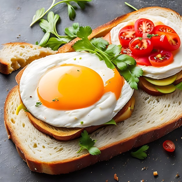 Sandwich fresco con erbe e pomodori succosi su un tavolo di legno scuro