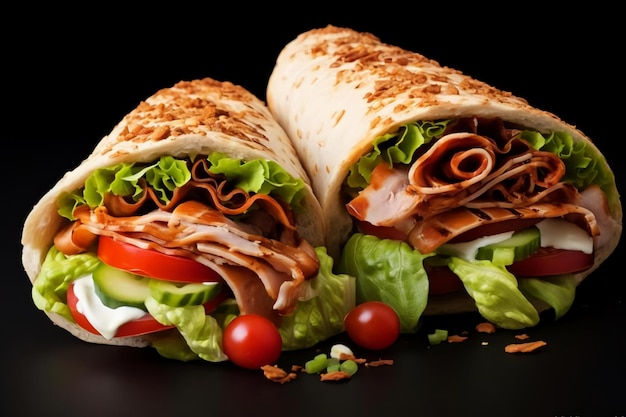 Sandwich gourmet fresco con carne e verdure creato con IA generativa