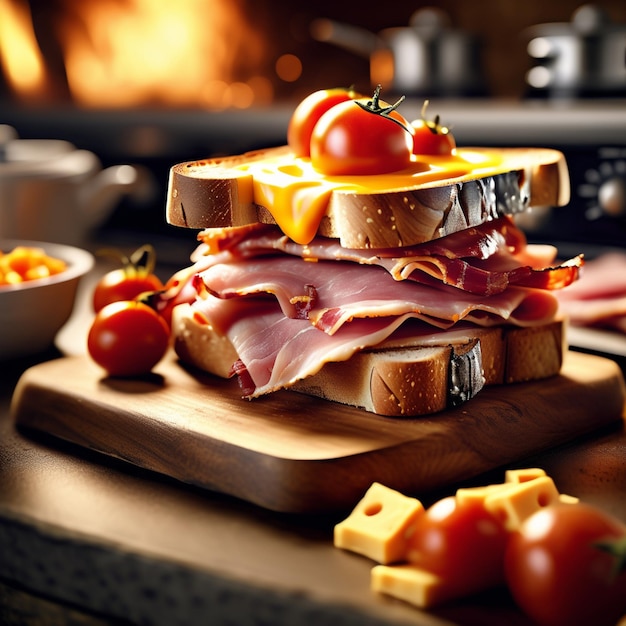 Sandwich toast con prosciutto e formaggio in una lussuosa fotografia gastronomica in stile cucina Michelin