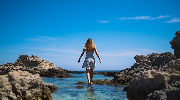 Sandy Beach Escape Donna in piedi su una roccia in mare Ideale per rilassarsi