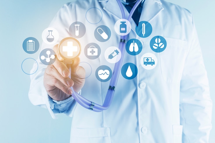 Foto sanità digitale e connessione di rete sull'interfaccia moderna dello schermo virtuale dell'ologramma, sulla tecnologia medica e sul concetto della rete.
