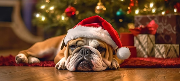 Santa Bulldog vicino all'albero di Natale