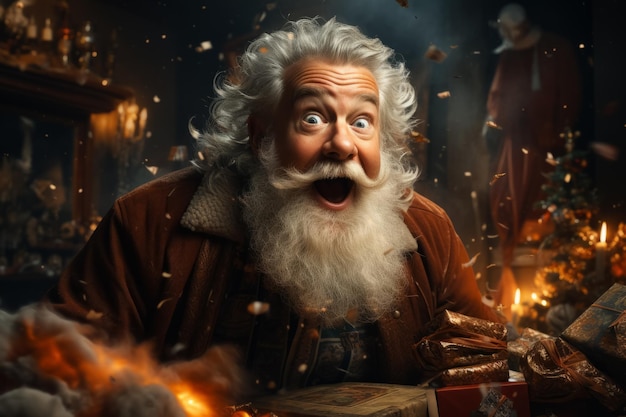 Santa Claus allegro ed emotivo con regali in mano nel suo laboratorio favola di Natale