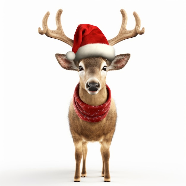 Santa Hatwearing Deer Su Sfondo Bianco Rendering Fotorealistico 3d