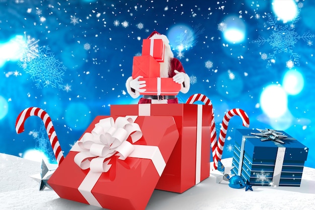 Santa in piedi in un grande regalo contro la scena natalizia con regali e bastoncini di zucchero