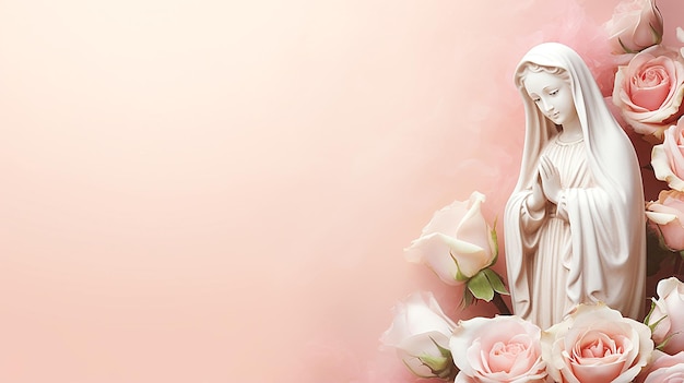 Santa Maria Madre di Dio Vergine Maria su rose rosa pastello sullo sfondo con spazio di copia per il testo