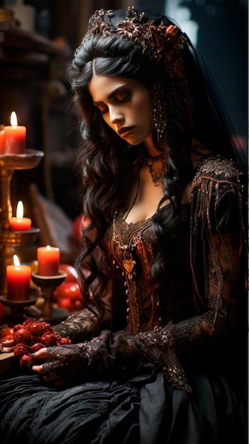 Santa Muerte con i capelli neri bellissimo vestito lungo candele velluto