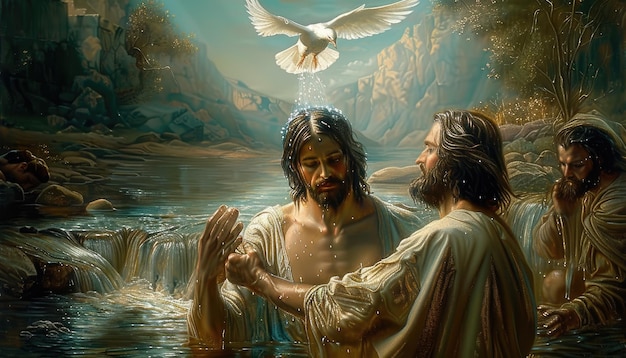 Santo rituale del battesimo di Gesù Giovanni Battista amministra il rito sacro nel fiume Giordano simboleggiando la purificazione e l'incarico divino