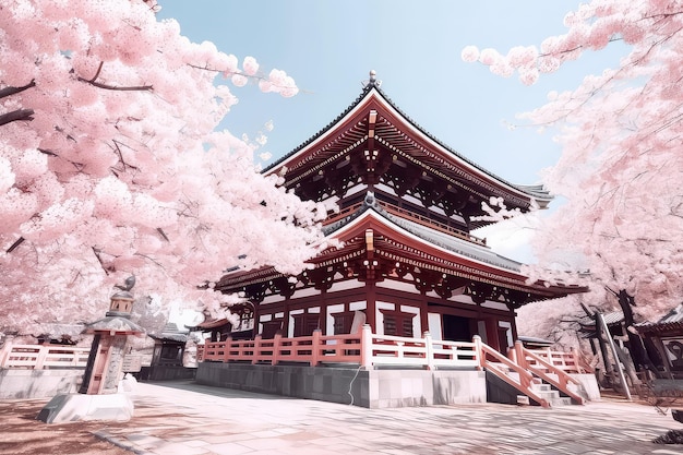 Santuario tradizionale dell'architettura giapponese a tokyo in giappone con sakura e alberi durante la stagione primaverile