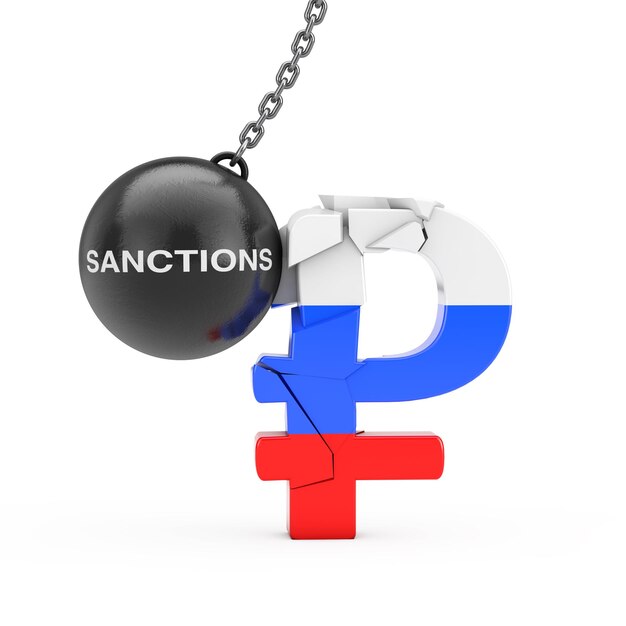 Sanzione al concetto di economia russa palla da demolizione con segno di sanzione pronto a distruggere il segno del rublo russo su sfondo bianco Rendering 3d