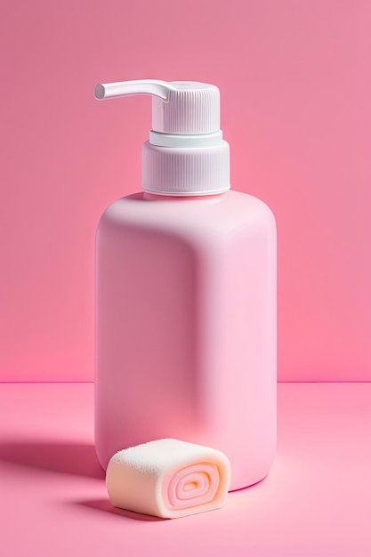 Sapone e asciugamano in bottiglia per cosmetici bianchi su sfondo rosa Concetto di cosmetici termali naturali