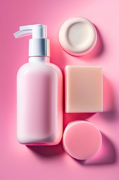 Sapone e asciugamano in bottiglia per cosmetici bianchi su sfondo rosa Concetto di cosmetici termali naturali