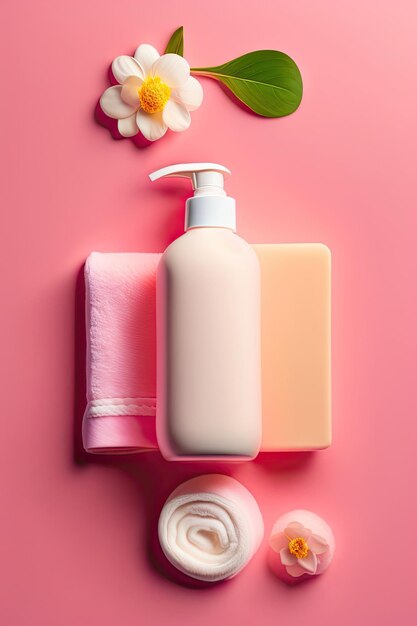 Sapone e asciugamano in bottiglia per cosmetici bianchi su sfondo rosa Concetto di cosmetici termali naturali