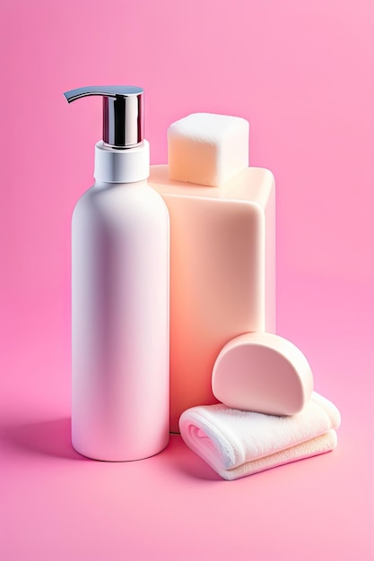 Sapone e asciugamano in bottiglia per cosmetici bianchi su sfondo rosa Concetto di cosmetici termali naturali