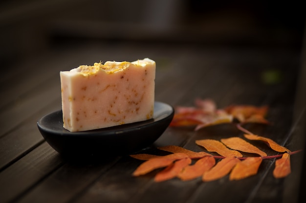 Sapone fatto a mano naturale contro le foglie di autunno e il fondo di legno, fine su, vista laterale