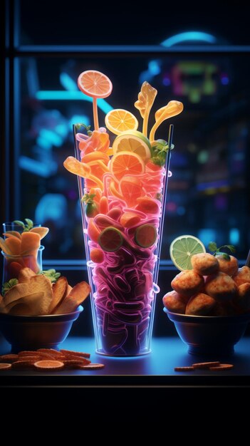 Sapori illuminati Il cibo risplende brillantemente sotto l'accattivante bagliore dello sfondo mobile verticale al neon