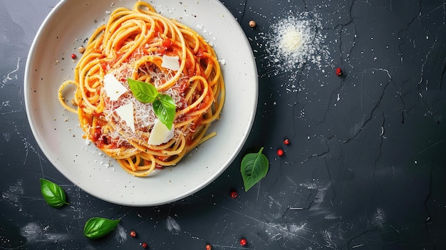 Saporita e appetitosa pasta di spaghetti italiana classica con salsa di pomodoro, formaggio parmigiano e basilico sul piatto su un tavolo buio, vista dall'alto orizzontale