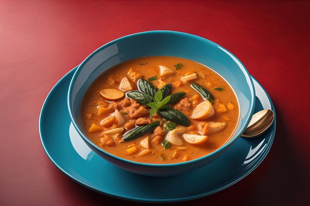 Saporita zuppa con salmone e verdure in una ciotola blu su uno sfondo rosso generativo ai