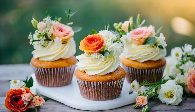 Saporiti cupcake di nozze decorati con fiori delizioso dessert festivo dolce pasticceria