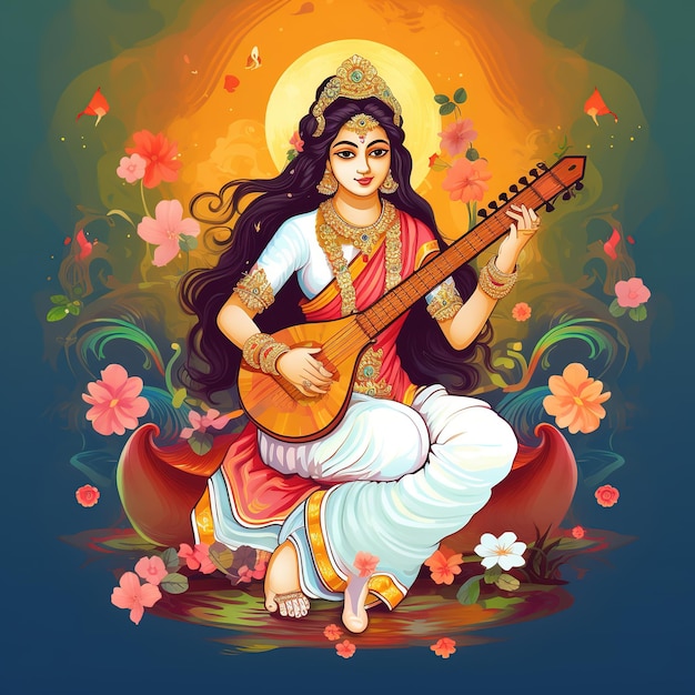 Saraswati Devi Dea Felice Vasant Panchami Festa indiana Dea Maa Saraswati Ai Generato