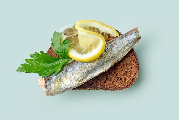 Sardina in scatola su fetta di pane isolata su sfondo blu, vista dall'alto