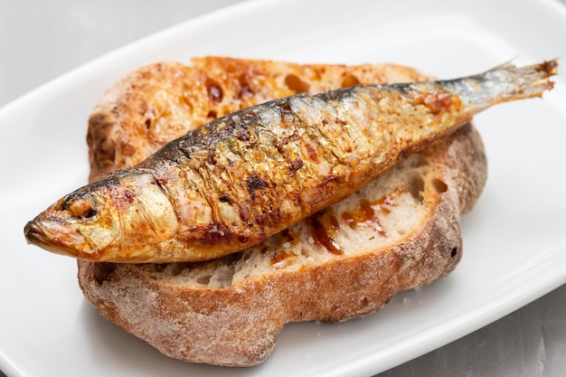 Sardine alla griglia con salsa su pane fresco su piatto bianco