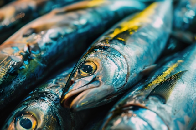 Sardine fresche ben disposte su una superficie scura