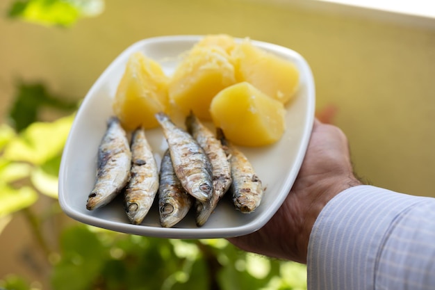 Sardine fritte con patate lesse sul piatto bianco