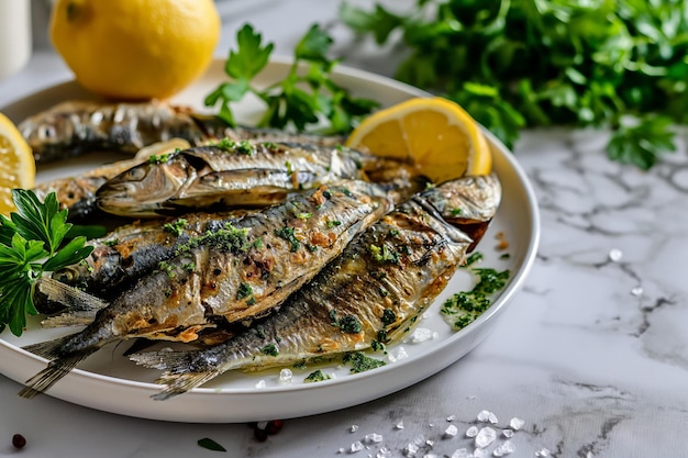 Sardine limone verdura e sale su piatto bianco su tavolo da cucina in marmo cucina mediterranea