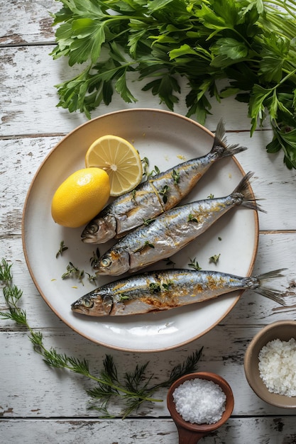 Sardine limone verdura e sale su piatto bianco su tavolo di cucina in legno cucina mediterranea
