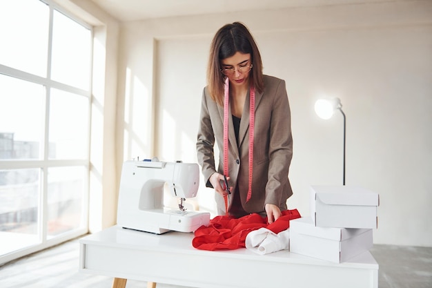 Sarta che lavora in ufficio Giovane donna in abiti formali è al chiuso Concezione di stile