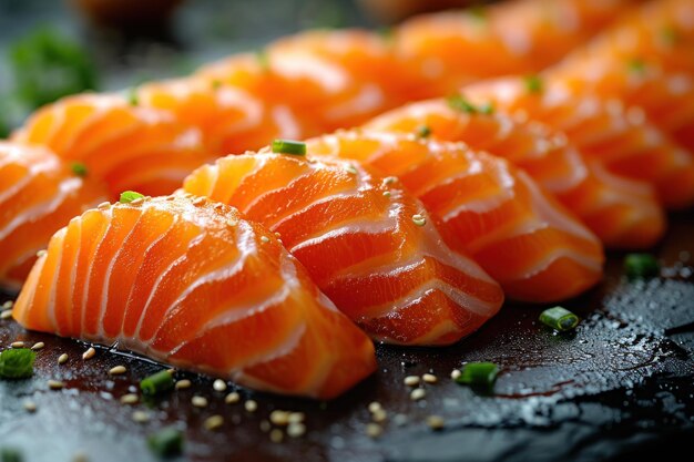 Sashimi di salmone appena tagliato preparato per la cucina tradizionale giapponese