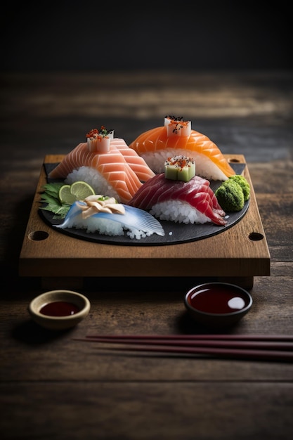 Sashimi e Nigiri sushi su tavola di legno Illustrator AI Generative