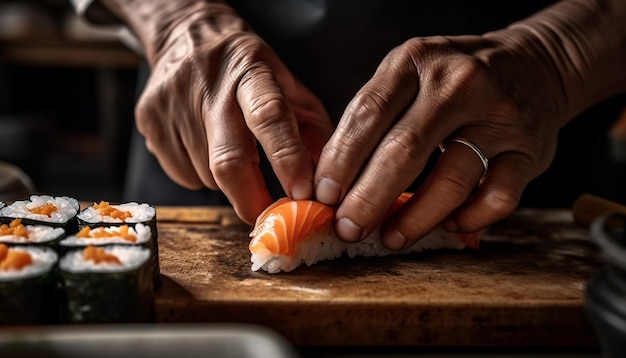 Sashimi sapientemente arrotolato e piatto di sushi maki generato dall'intelligenza artificiale