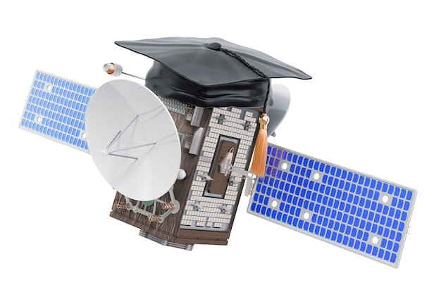 Satellite con cappello di laurea rendering 3D