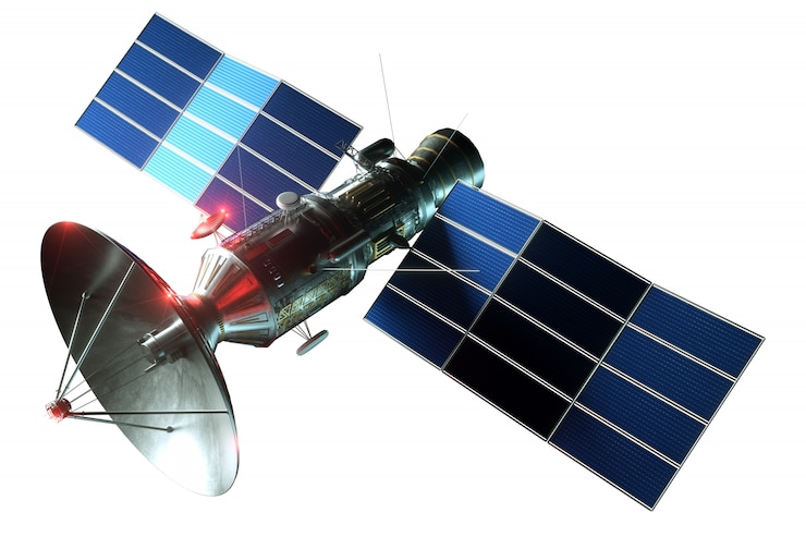Foto satellite spaziale con antenna parabolica e pannelli solari isolati su un muro bianco. telecomunicazioni, internet ad alta velocità, sondaggi, esplorazione dello spazio. 3d rendering, illustrazione 3d, copia spazio.