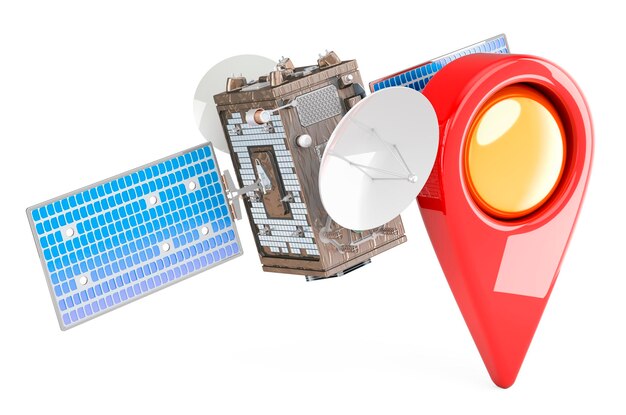 satellite with map pointer 3d rendering
