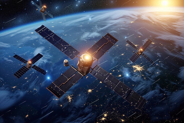 Satelliti Internet ad alta velocità con antenne, pannelli solari a supporto della connettività globale