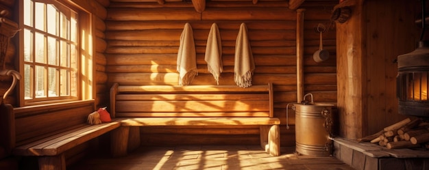 Sauna finlandese classica sauna in legno con vapore caldo Complesso Spa relax Finestra panoramica Ai generativa