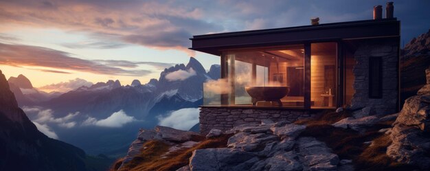 Sauna finlandese in cima alla montagna nelle Dolomiti Alpi italiane Generative ai