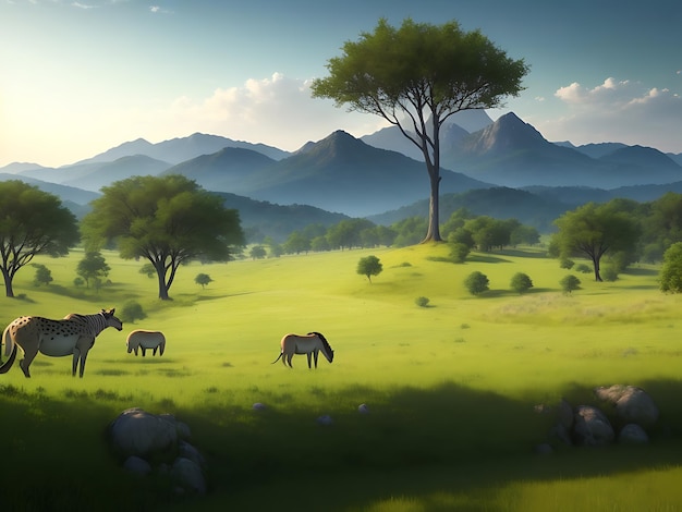 Savana con alberi, cespugli di erba verde e montagne all'orizzonte, rendering 3d, illustrazione raster