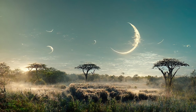 Savannah con alberi ed erba verde nelle prime ore del mattino luna nel cielo