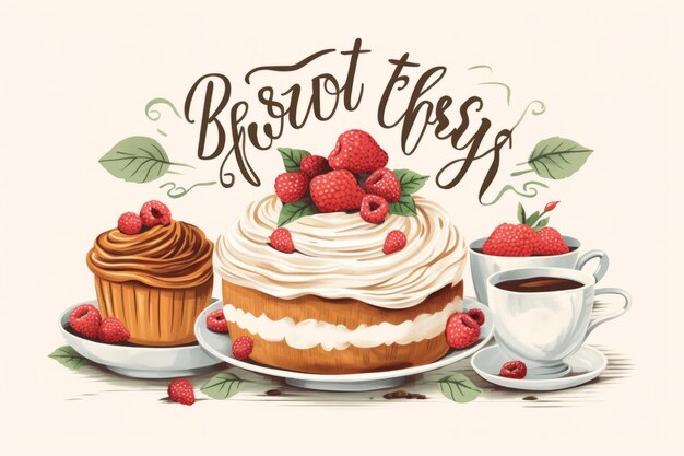 Savor the Day Vintage Breakfast disegnato a mano Tipografia con frasi classiche Torte reali e Timeles