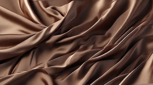 Sbalorditive pieghe di tessuto satinato di seta taffeta di colore marrone sullo sfondo in rendering 3D