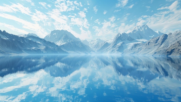 Sbalorditivo paesaggio marino surreale blu sullo sfondo con acque calme montagne rocciose e uno specchio